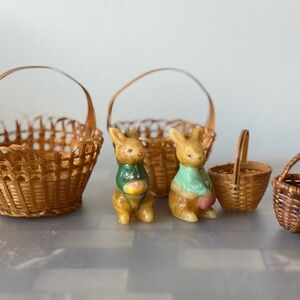 Vintage Beatrix Potter Easter Bunny Candles (Hand Painted) & woven mini Baskets